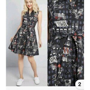 ModCloth Dress L Black Cotton Button Front Fit & Flare Novelty Print Belted